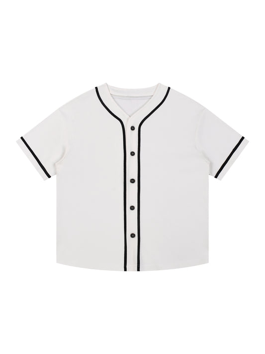 White baseball jersey with black accents on a white background