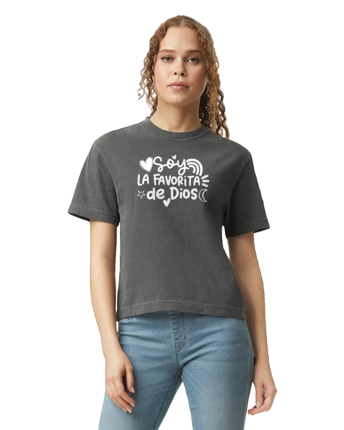 Person wearing a dark gray t-shirt with white text and graphics on a black background