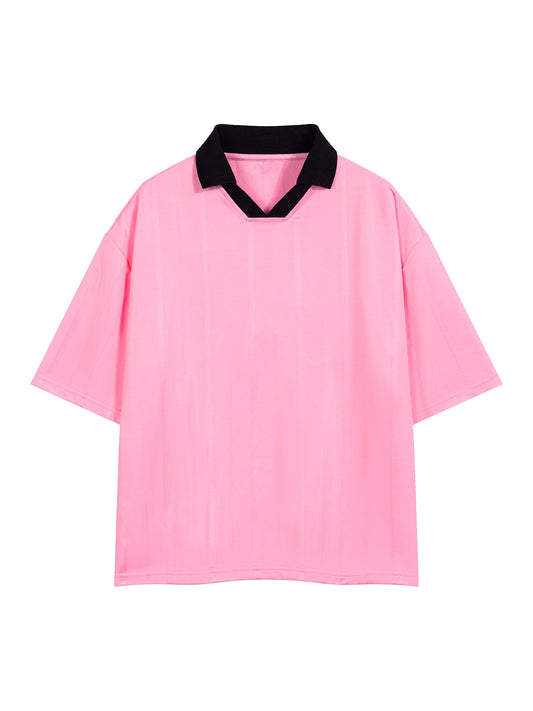 Pink shirt with black collar on a white background