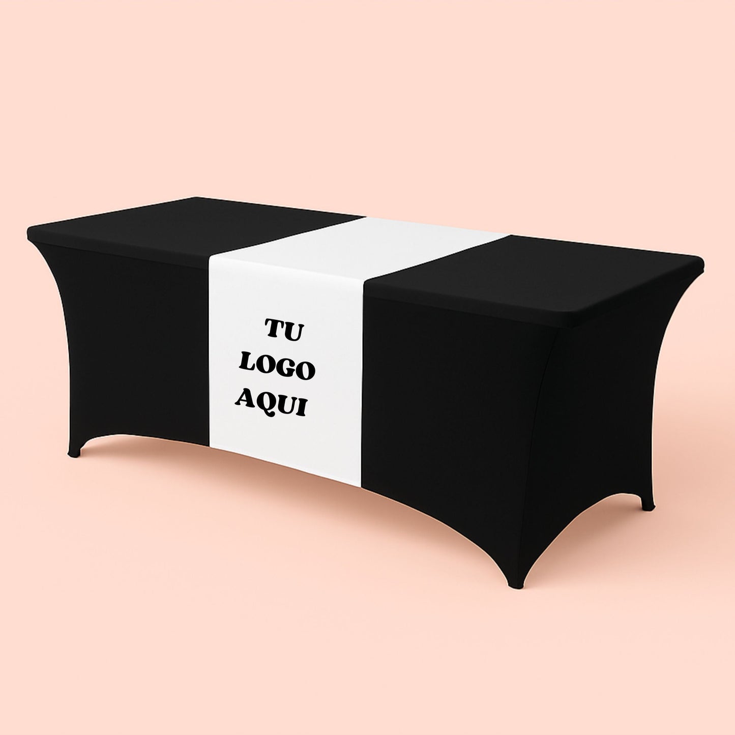 Black and white tablecloth with text on a pink background