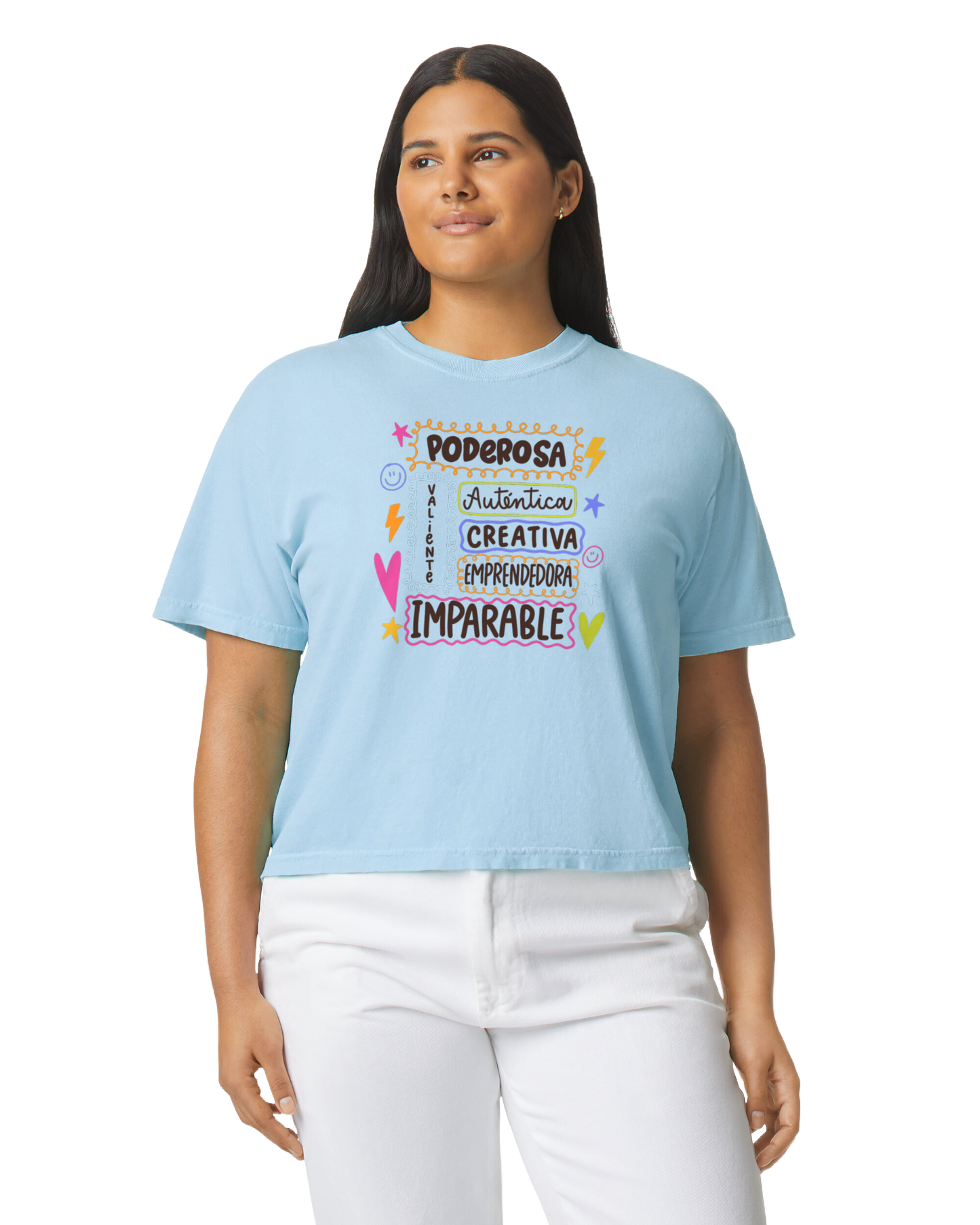 Woman wearing a light blue t-shirt with motivational text on a white background