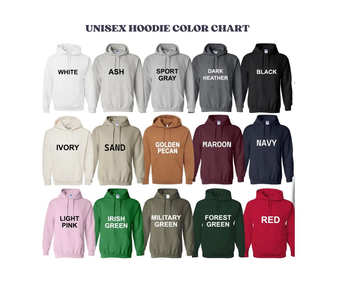 Unisex hoodie color chart with various colors and labels on a white background