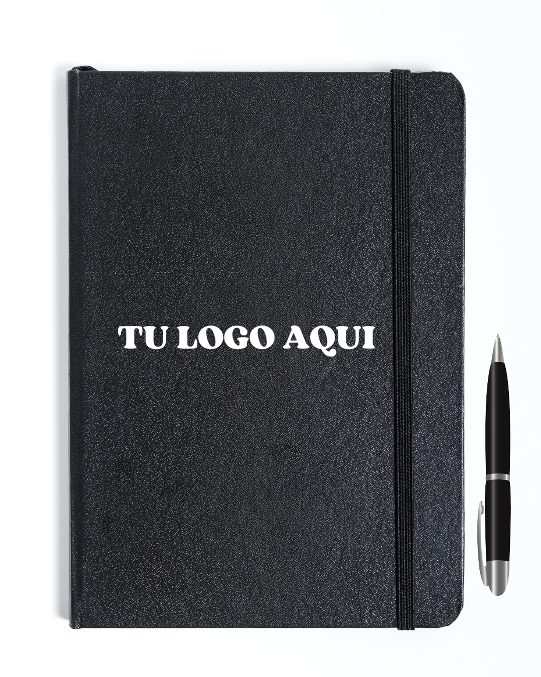 Black agenda with 'TU LOGO AQUI' text and a pen on a white background
