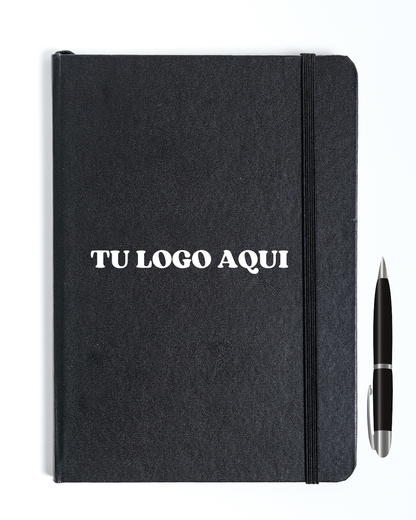 Black agenda with 'TU LOGO AQUI' text and a pen on a white background