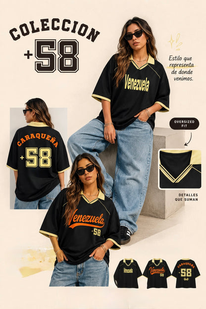 A promotional collage showing a woman modeling a black oversized baseball-style jersey with yellow and orange lettering and numbers. The image includes front and back views, a detail inset of the V-neck trim, Spanish marketing text, and small thumbnail views at the bottom.