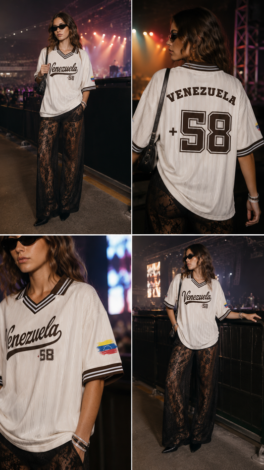 A four-panel collage showing a woman modeling an oversized white baseball-style jersey with 'Venezuela' and the number 58, paired with sheer black lace pants. The panels show front, back, and close-up views in a concert-like environment with stage lights.