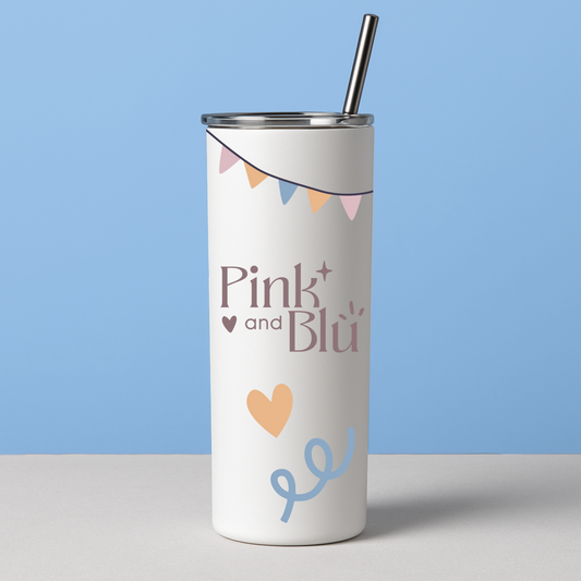 White tumbler with 'Pink & Blé' text and colorful design on a blue background