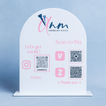 QR code and social media icons on a white card with a blue gradient background