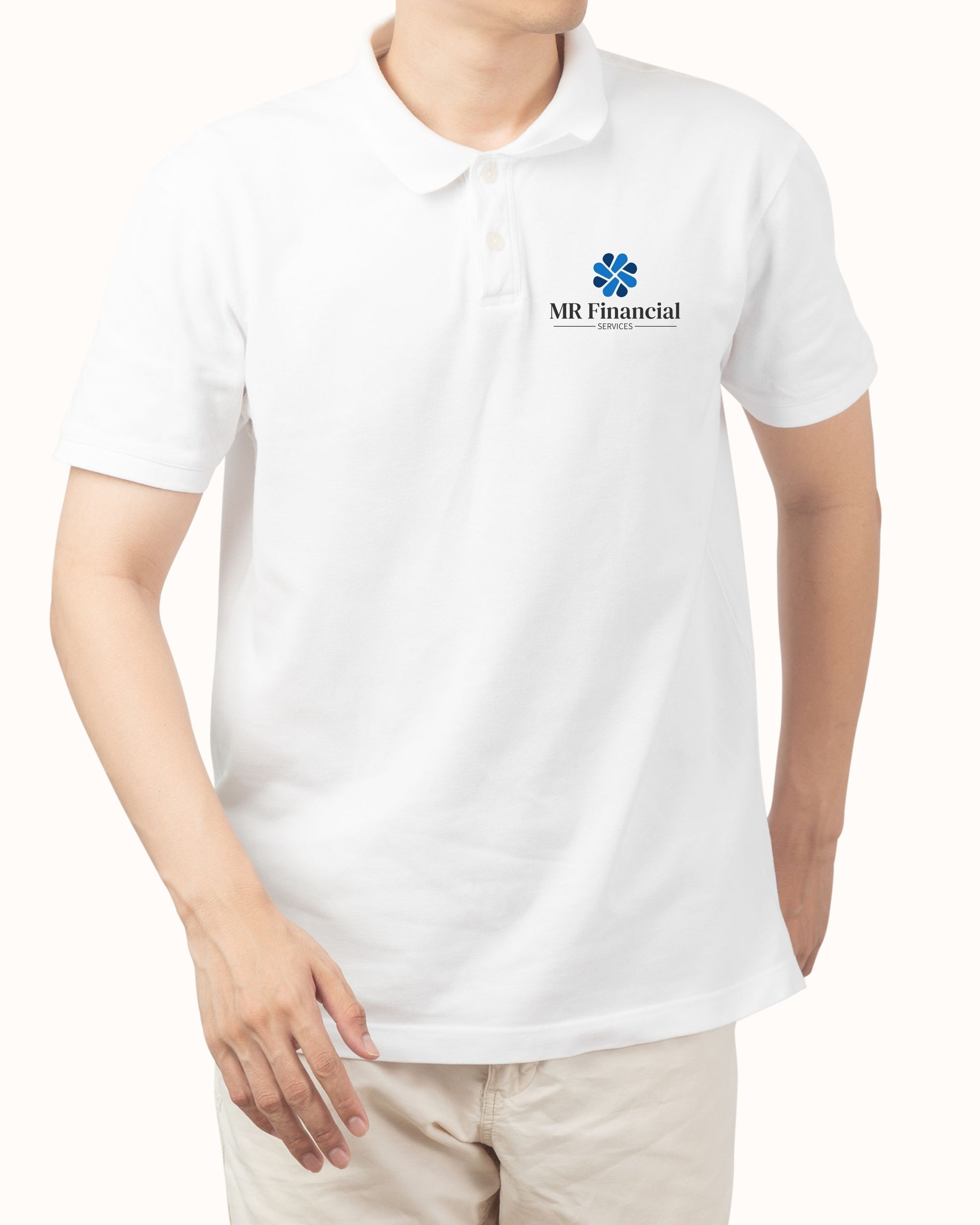 White polo shirt with MR Financial logo on a white background