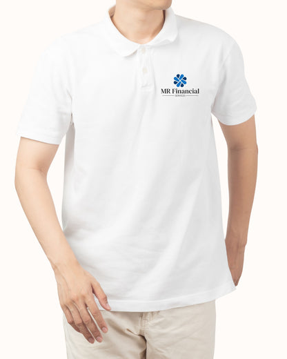 White polo shirt with MR Financial logo on a white background