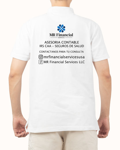 White polo shirt with MR Financial Services LLC branding and contact information.