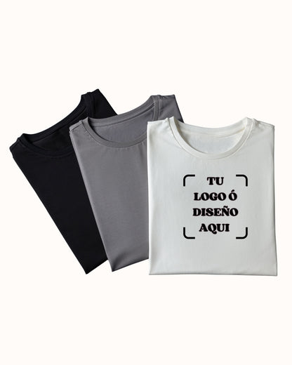 Three folded t-shirts in black, gray, and white with customizable text on a white background.