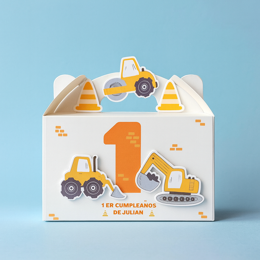Children's birthday party favor box with construction theme on a blue background