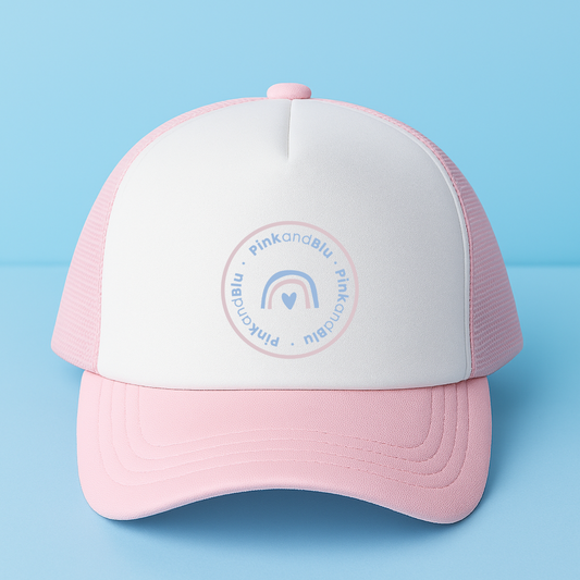 Pink and white cap with a logo on a light blue background