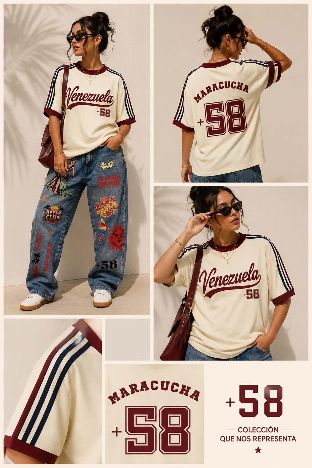 A collage showing a woman modeling a cream baseball-style T-shirt with dark red and navy stripes, 'Venezuela -58' on the front, and 'MARACUCHA 58' on the back, paired with distressed blue jeans. The collage includes front, back, and close-up views of the shirt design.