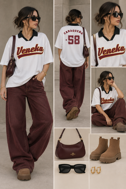 A collage showing a woman modeling a white Venice varsity-style T-shirt with dark red lettering, dark red wide-leg pants, brown boots, sunglasses, and a brown shoulder bag. Multiple views are shown, including front, back, and seated poses, along with close-up product shots of the bag, sunglasses, and boots on a neutral beige background.