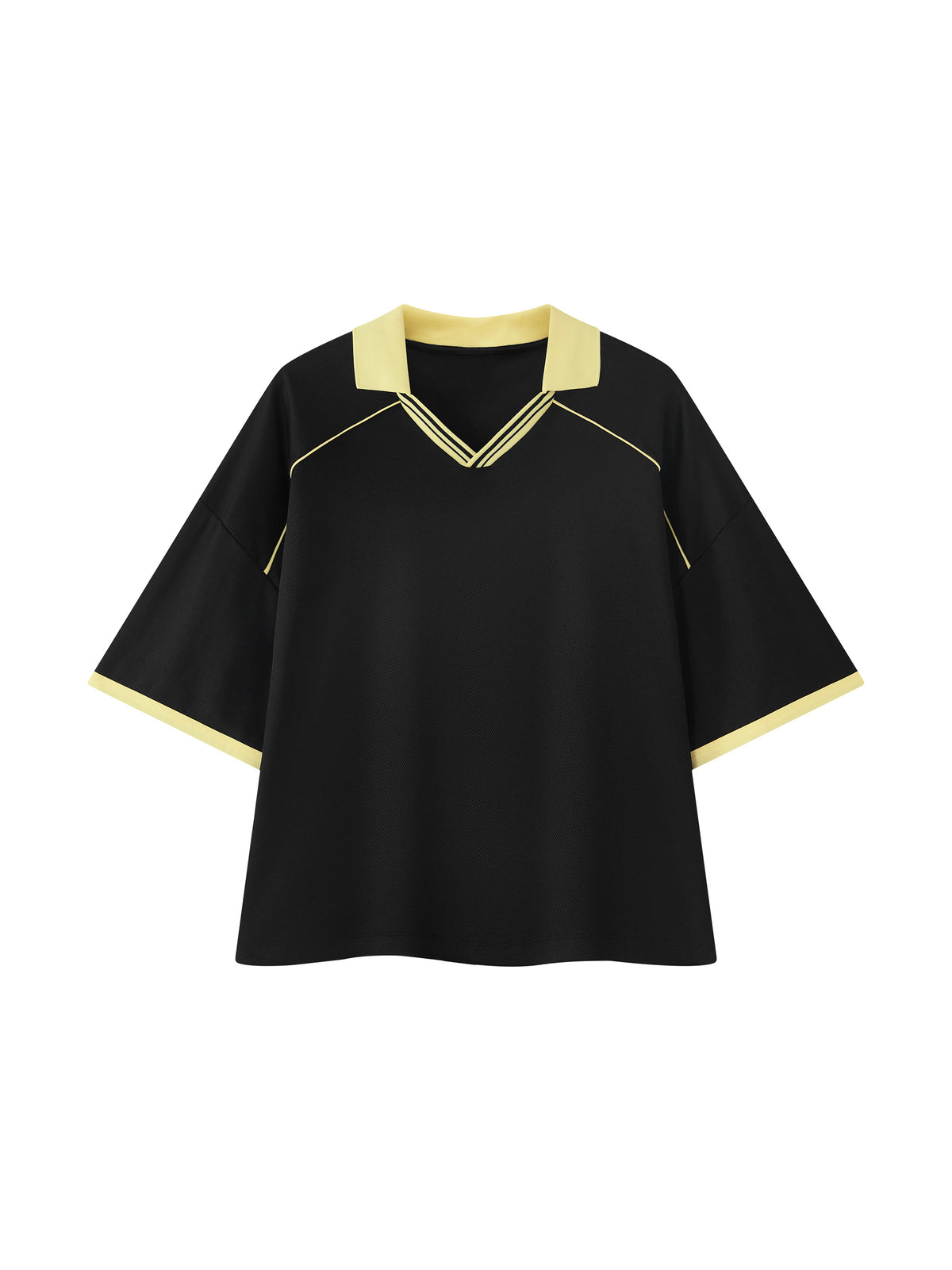 A black short-sleeve top with a V-neck collar and sleeve cuffs in pale yellow, featuring thin yellow piping details on the shoulders and collar, shown against a plain white background.