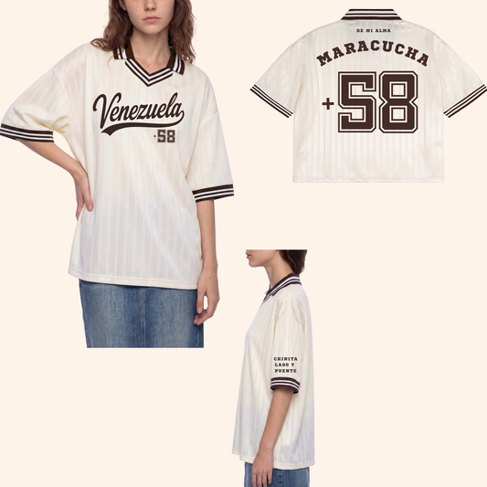 Three views of an oversized white pinstriped short-sleeve jersey shirt with black and brown accents. The front view shows 'Venezuela' and the number '58' in black script and block lettering.