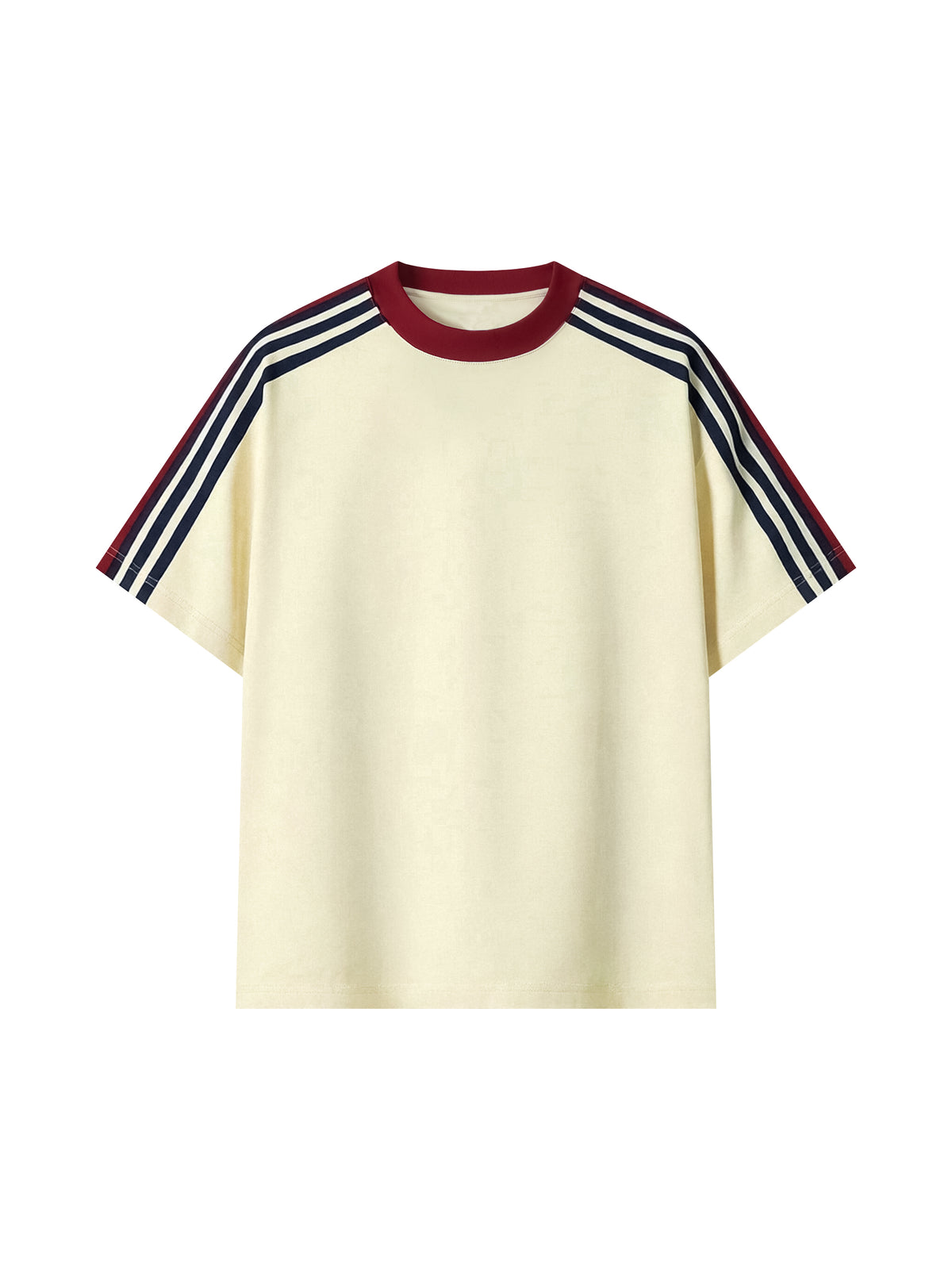 A cream-colored short-sleeve t-shirt with a dark red crew neck and navy and white striped shoulder details, shown against a plain white background.