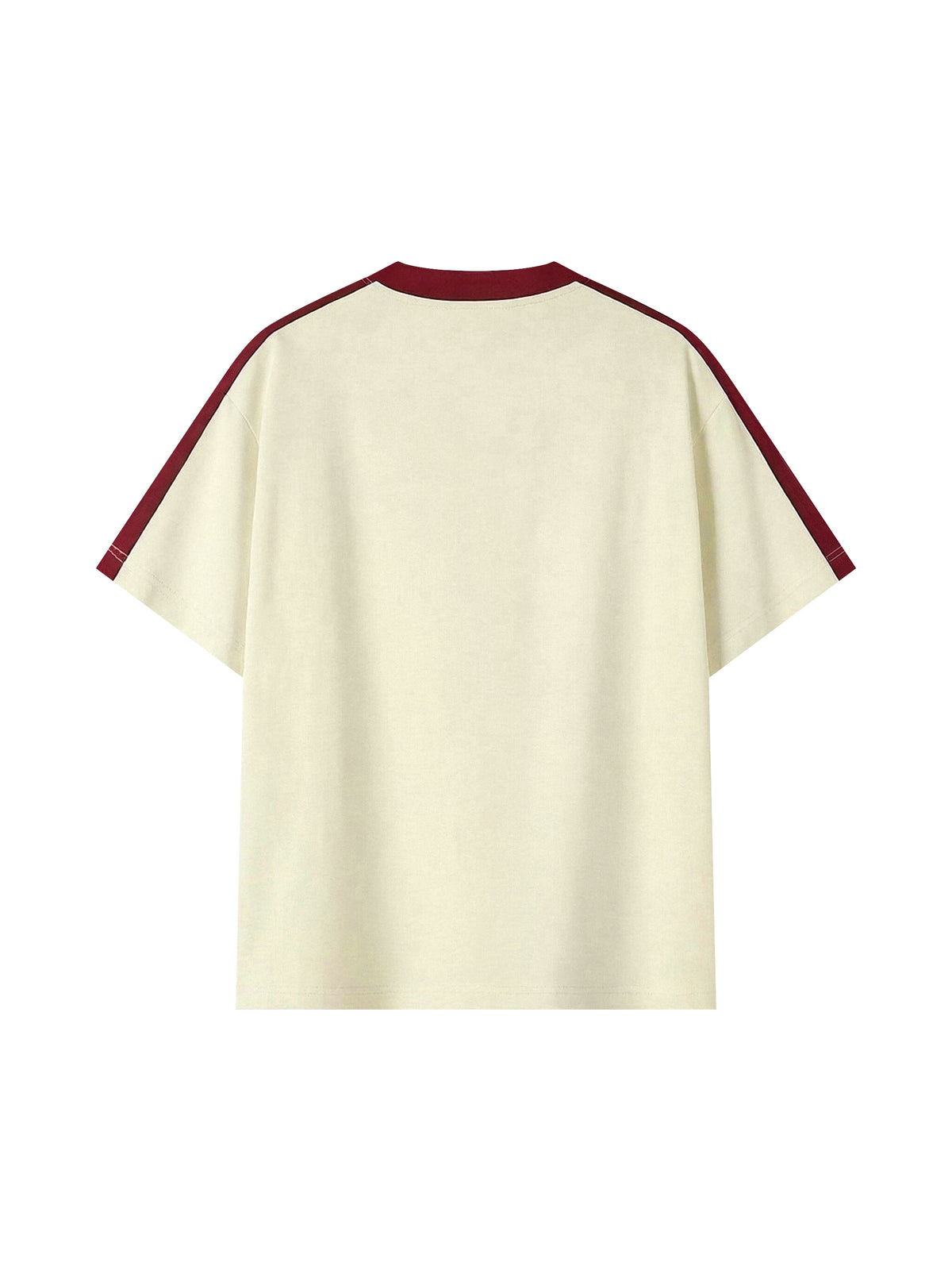 An off-white short-sleeve t-shirt with contrasting dark red ribbed trim at the crew neck and running down the outer shoulders, shown against a plain white background.