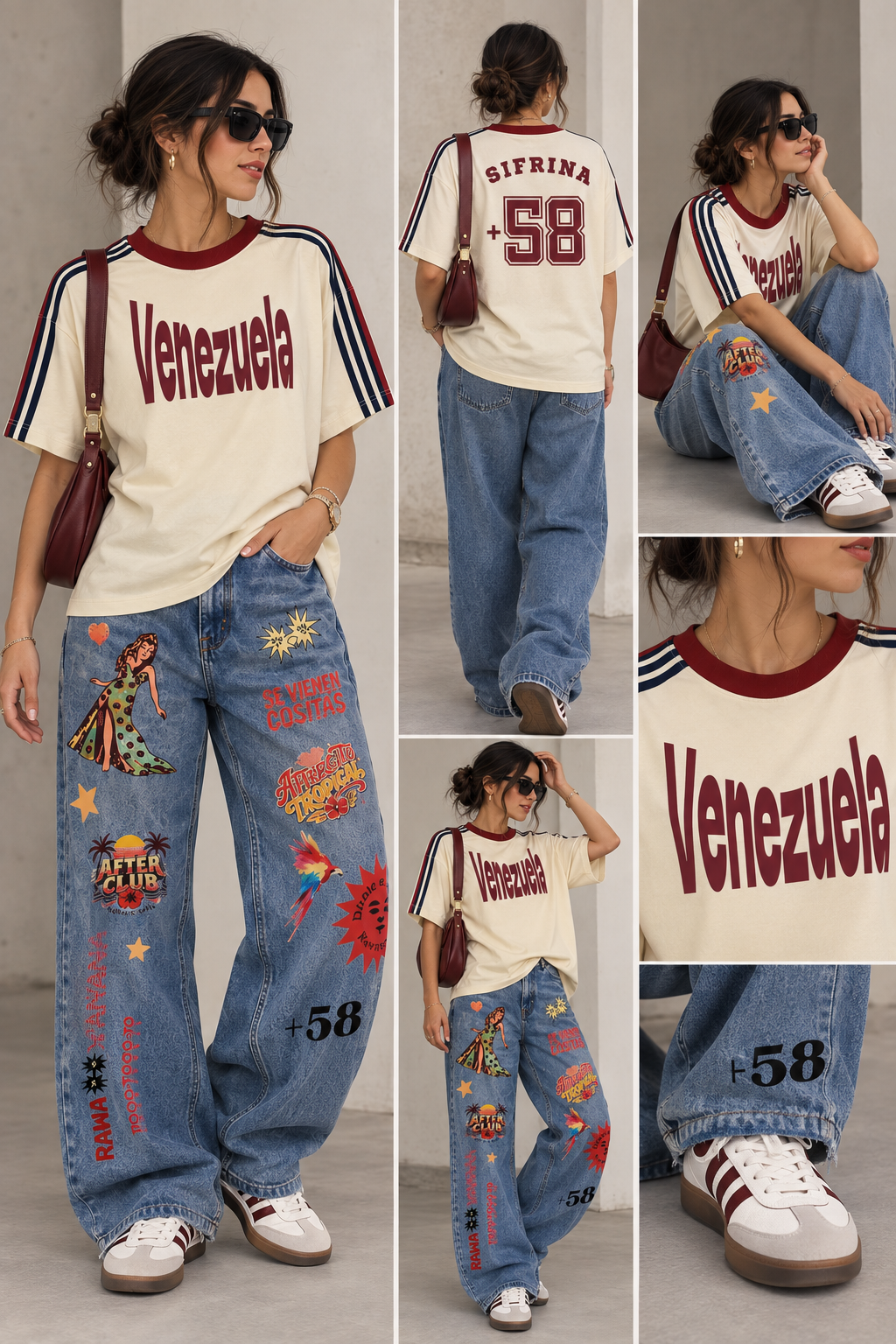 A multi-panel lifestyle collage showing a model wearing a cream graphic t-shirt with 'Venezuela' printed in maroon and blue striped shoulder details, paired with distressed blue jeans featuring colorful retro graphics and the number 58. The model is shown from multiple angles, including front, back, and close-ups of the shirt collar and jeans.
