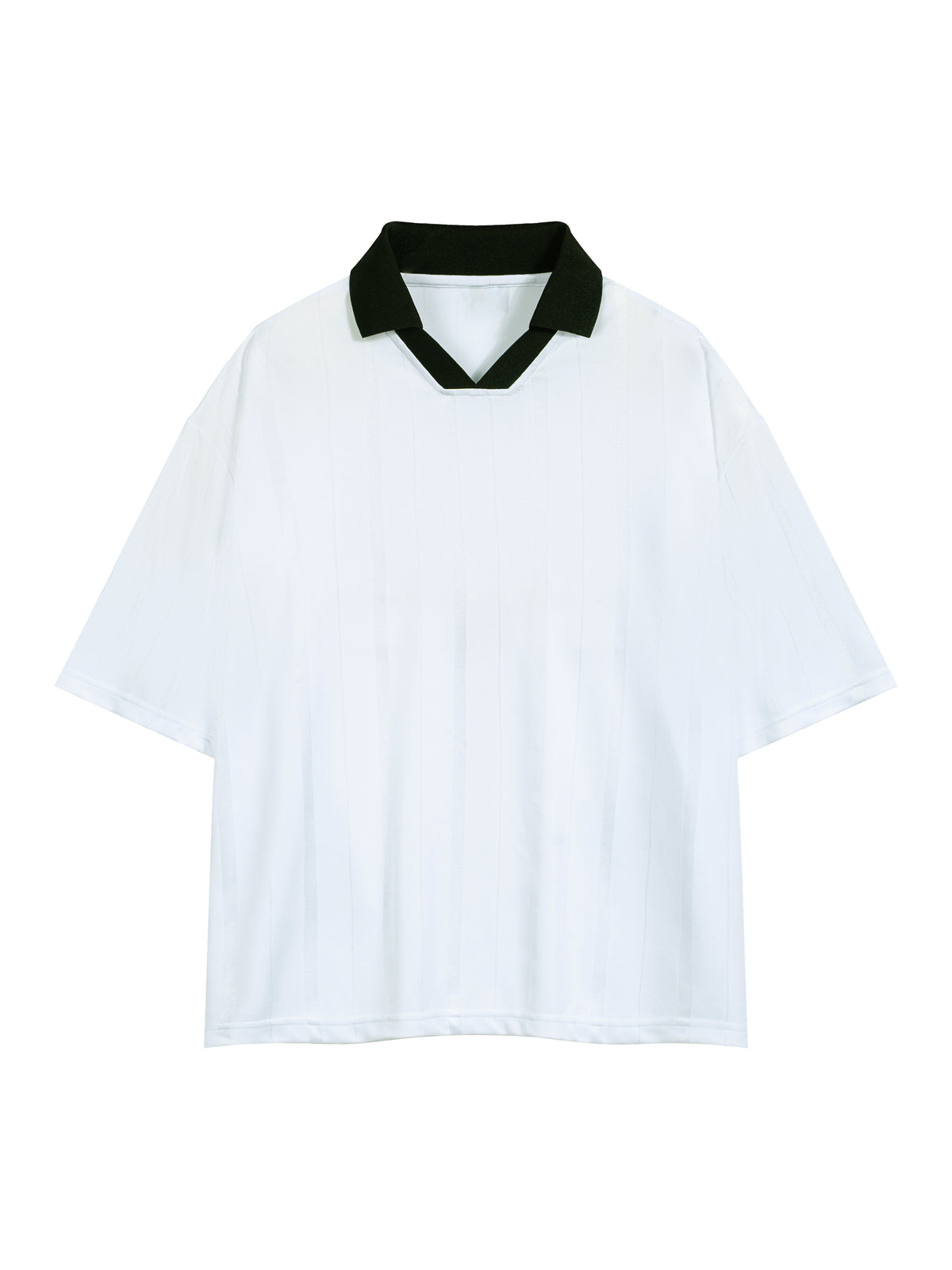 A white short-sleeve polo shirt with a contrasting black collar, displayed flat against a solid white background.