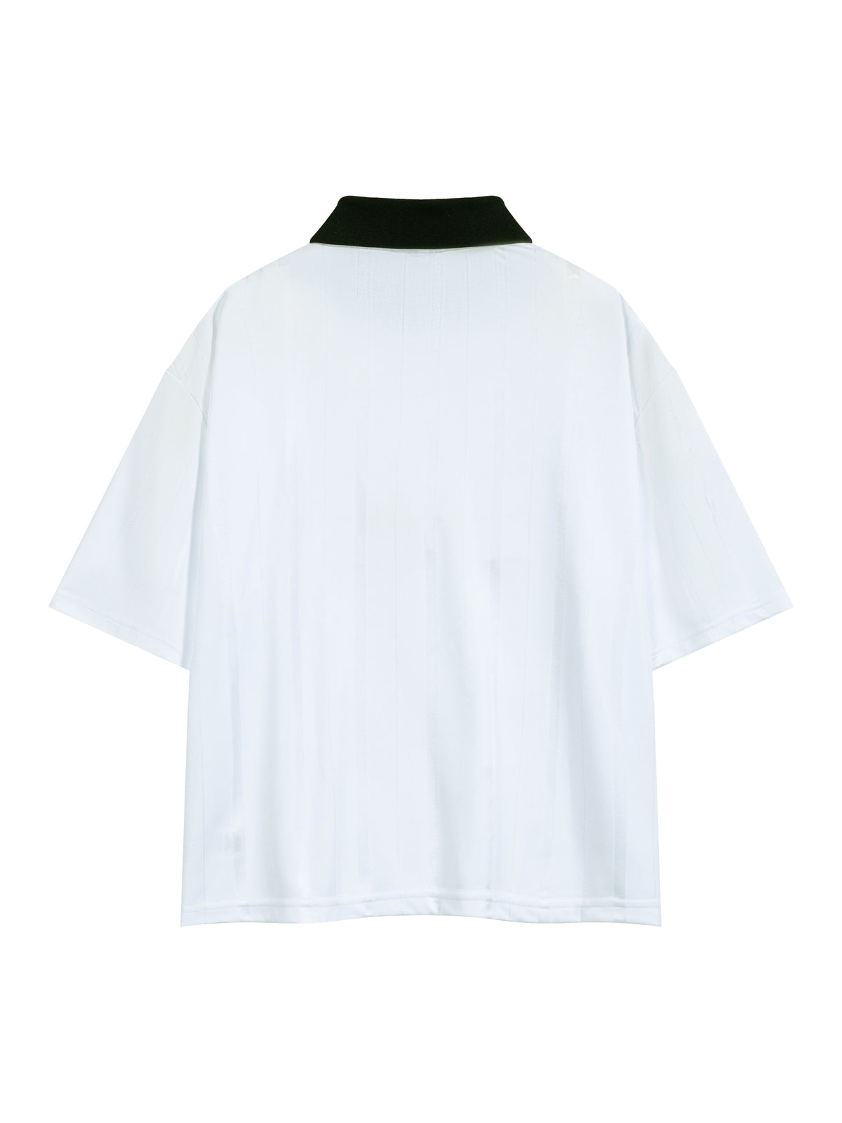 White short-sleeve polo shirt shown from the back, featuring a contrasting black collar, displayed on a clean white background.