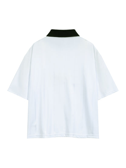 White short-sleeve polo shirt shown from the back, featuring a contrasting black collar, displayed on a clean white background.