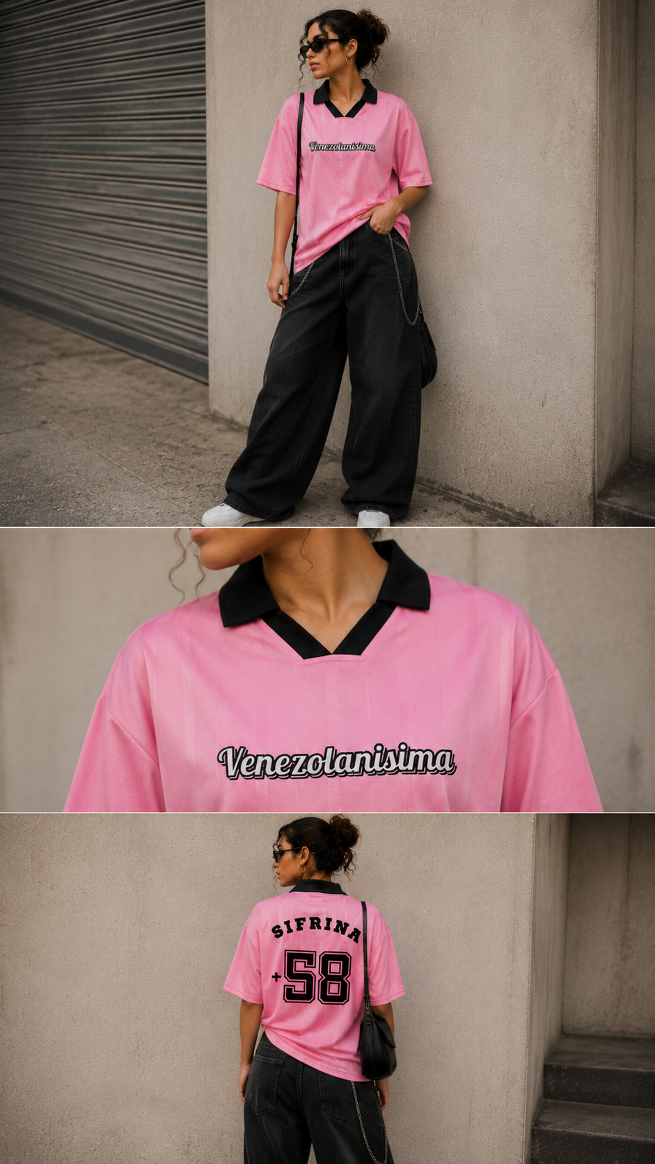 A three-panel collage showing a model wearing a pink short-sleeve polo-style shirt with a black collar and black text graphics. The top panel shows the full outfit with black wide-leg pants, white sneakers, and sunglasses.