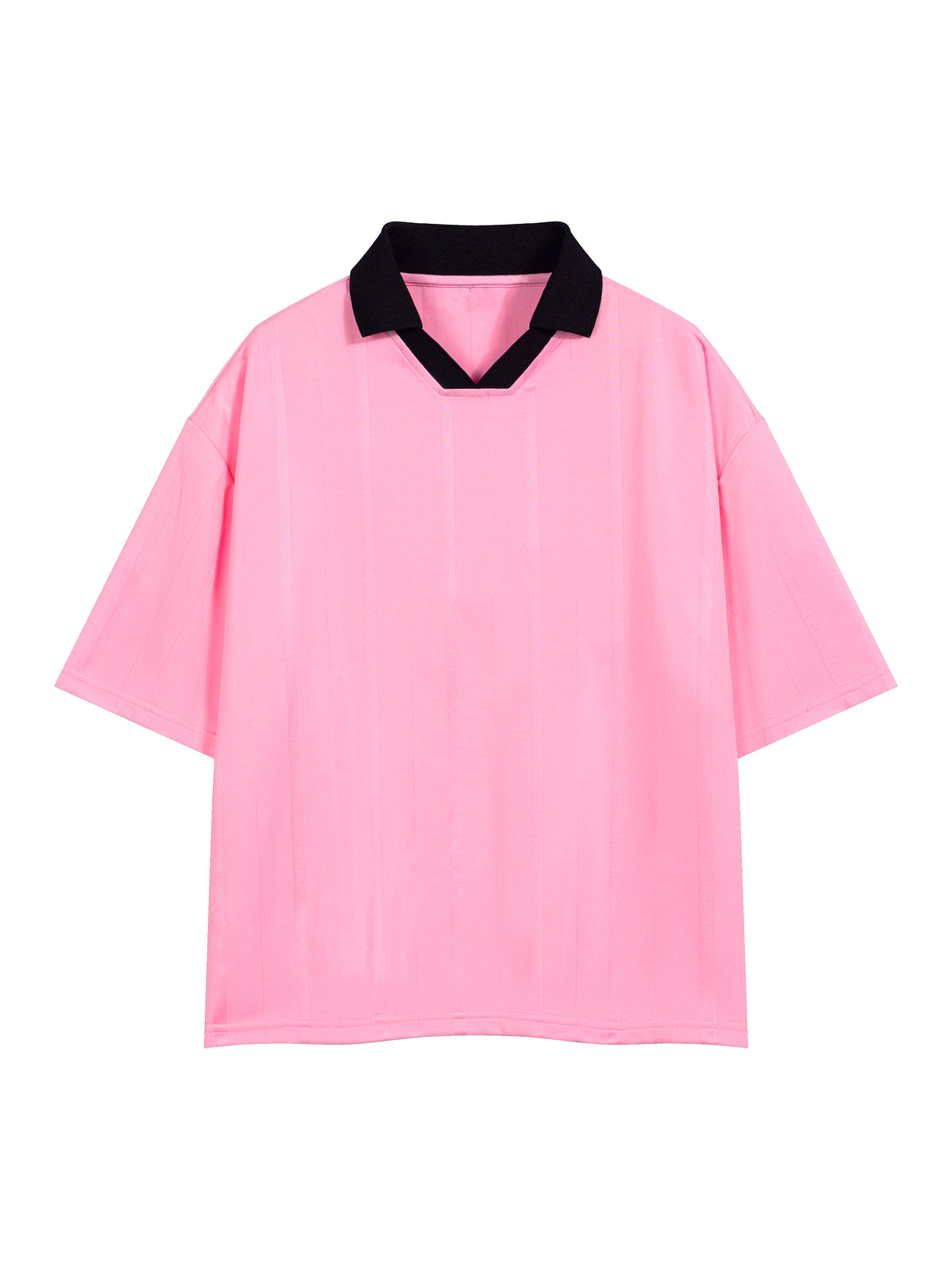Pink shirt with black collar on a white background