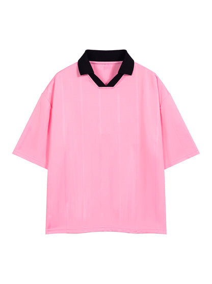 Pink shirt with black collar on a white background