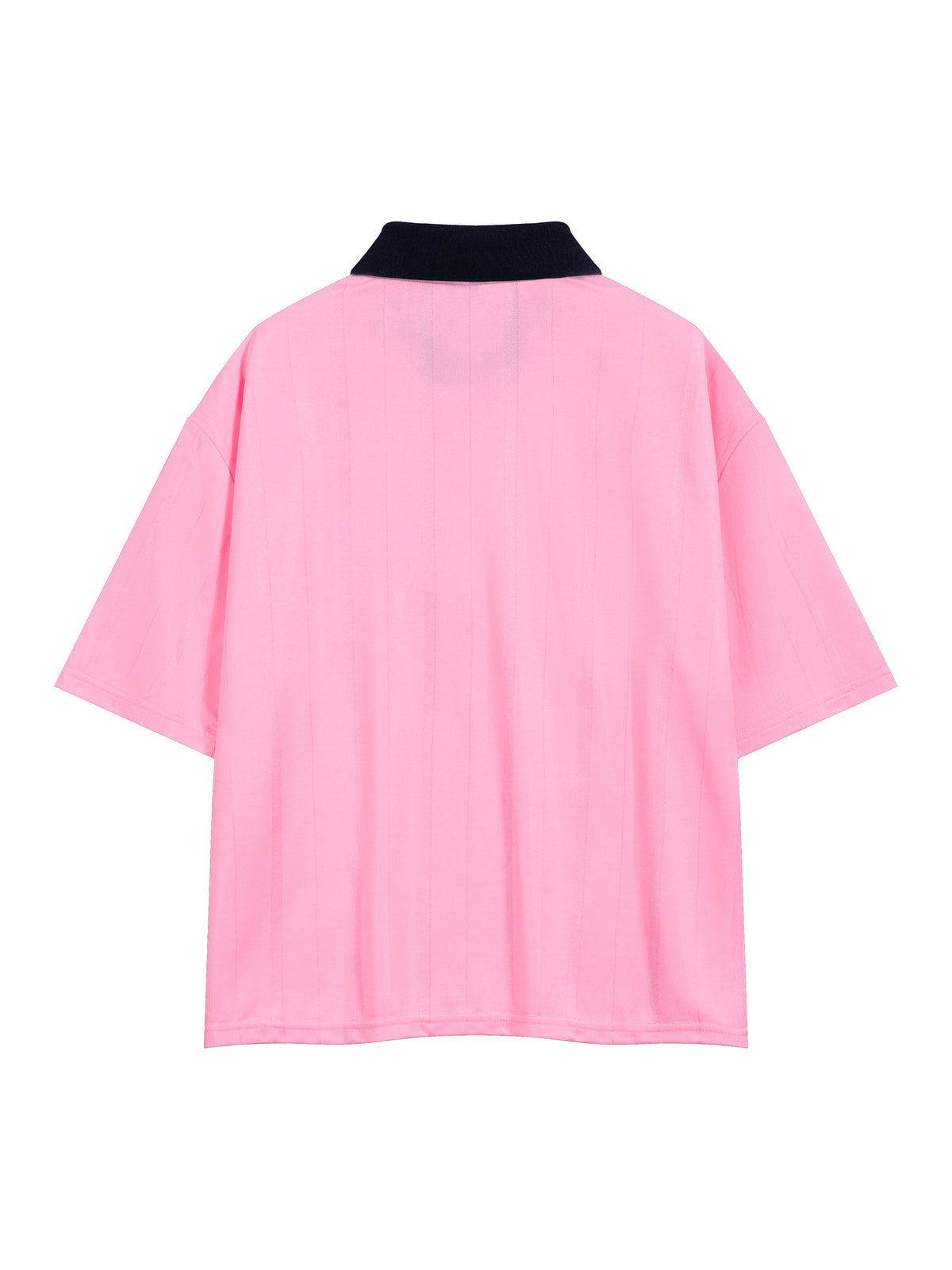 Pink garment with black collar on a white background