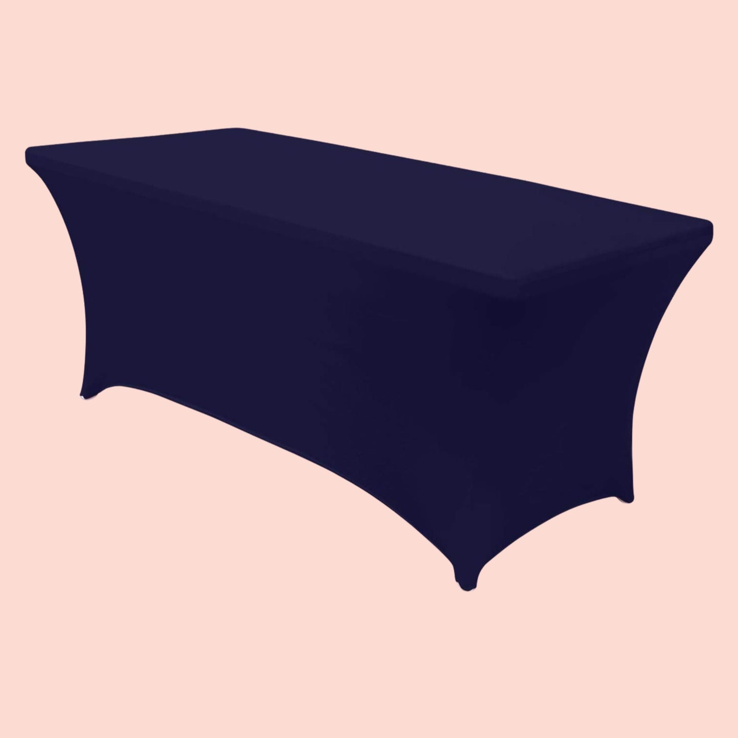 Navy blue spandex table cover on a beige background
