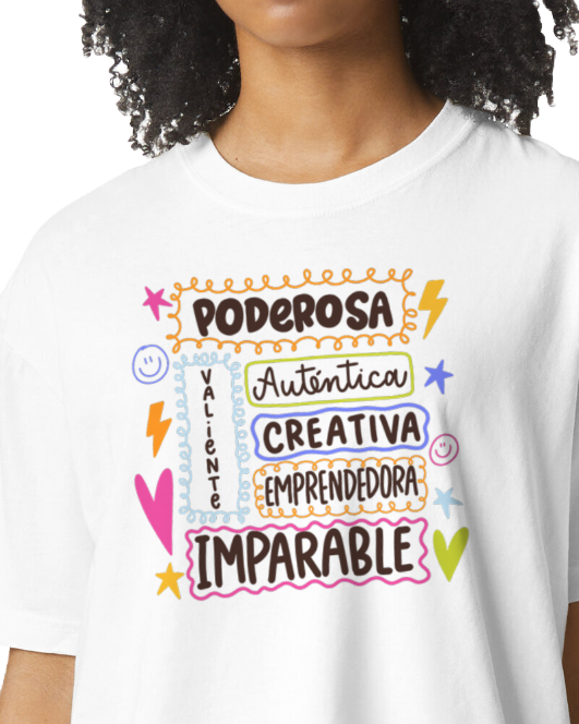White t-shirt with colorful text and graphics on a white background