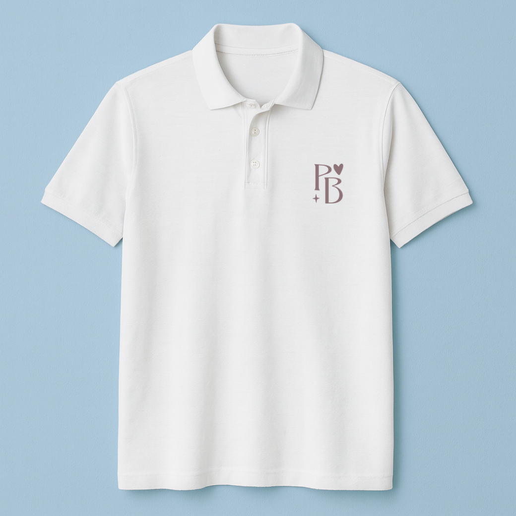 White polo shirt with a logo on a light blue background