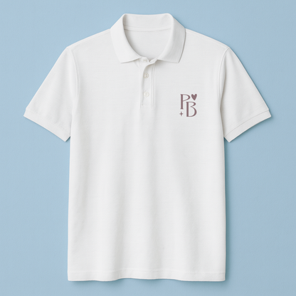 White polo shirt with a logo on a light blue background