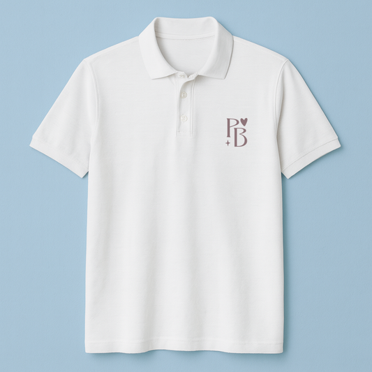 White polo shirt with a logo on a light blue background