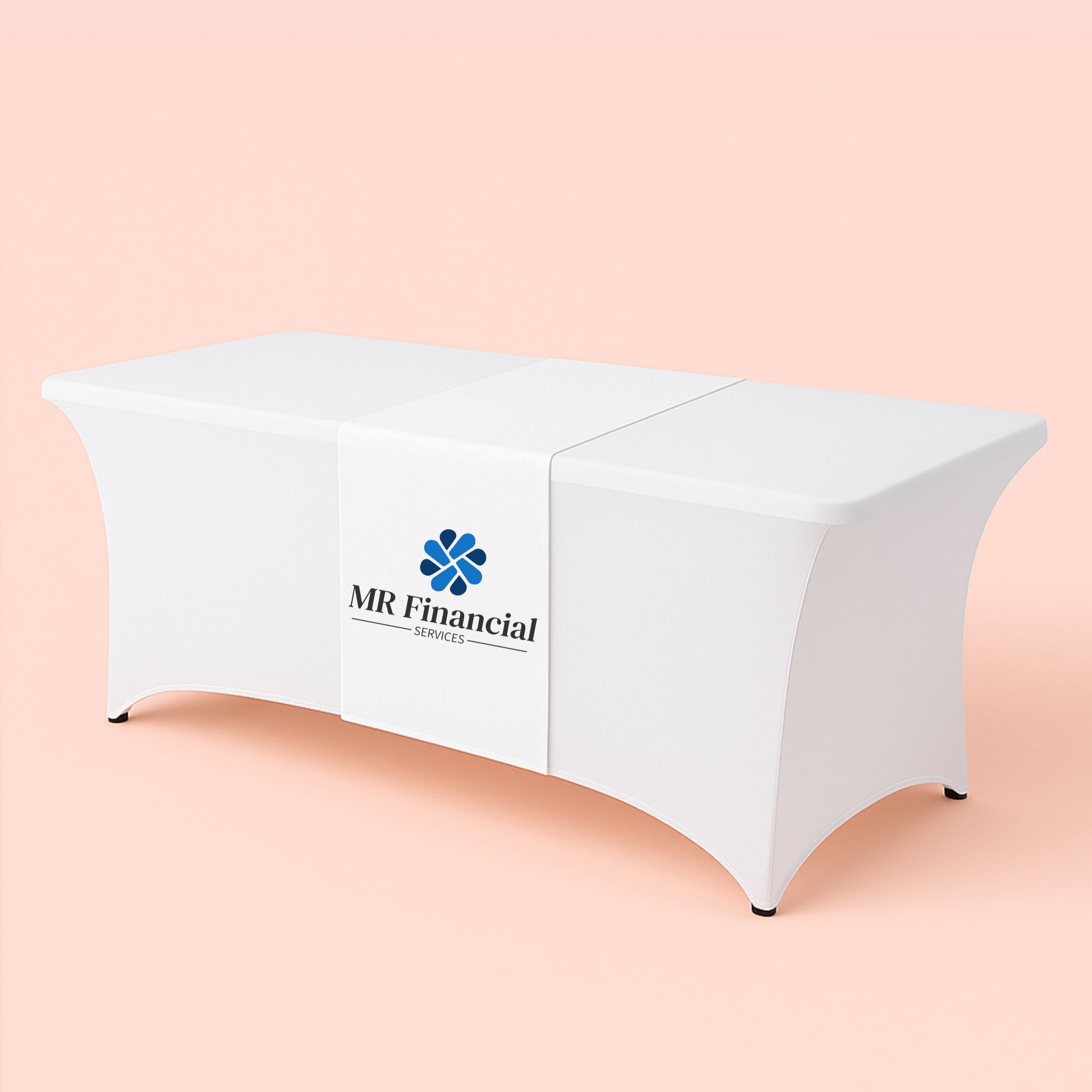 White draped tablecloth with MR Financial logo on a beige background