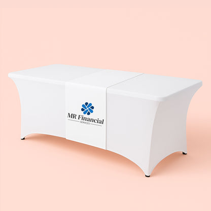 White draped tablecloth with MR Financial logo on a beige background