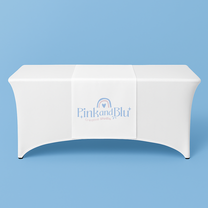 White tablecloth with 'Pink and Blu' logo on a blue background