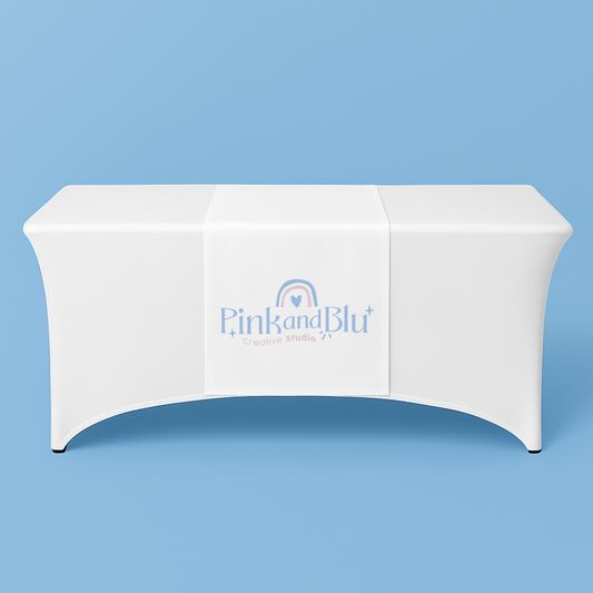White tablecloth with 'Pink and Blu' logo on a blue background