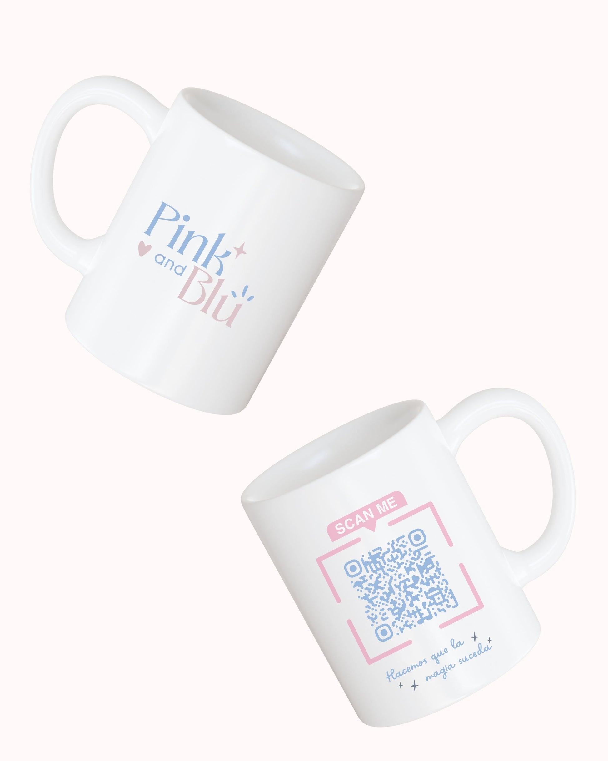 Two white mugs with 'Pink and Blu' branding and a QR code on a white background