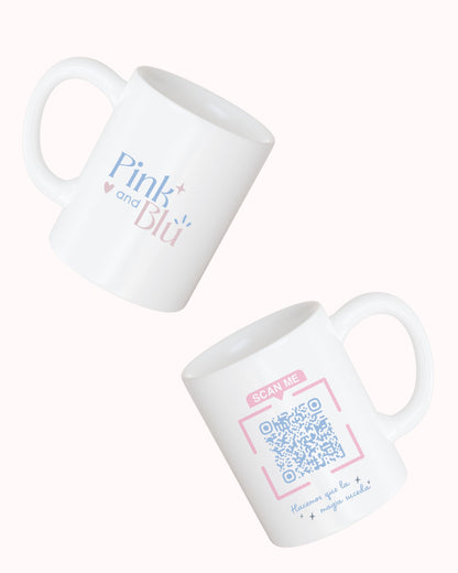 Two white mugs with 'Pink and Blu' branding and a QR code on a white background