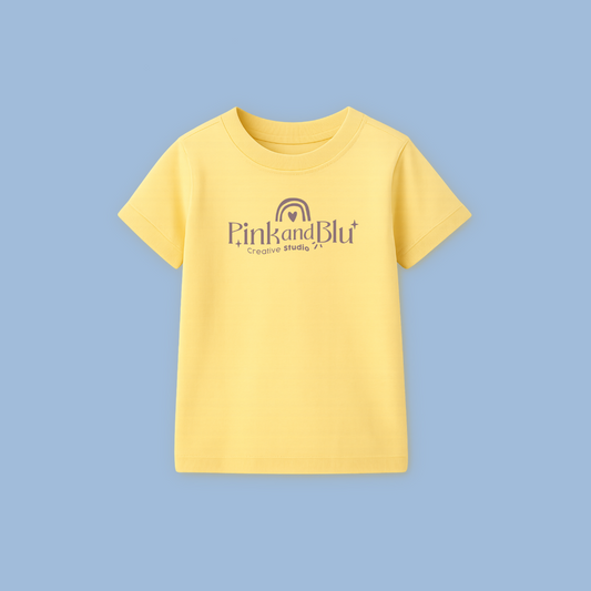Yellow t-shirt with 'Pink and Blu' logo on a light blue background
