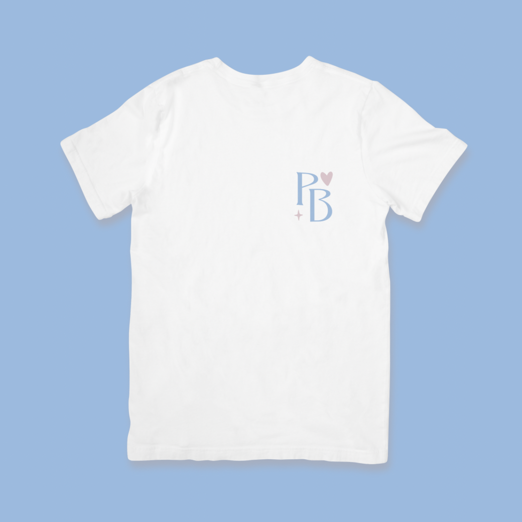 White t-shirt with a logo on the back against a light blue background