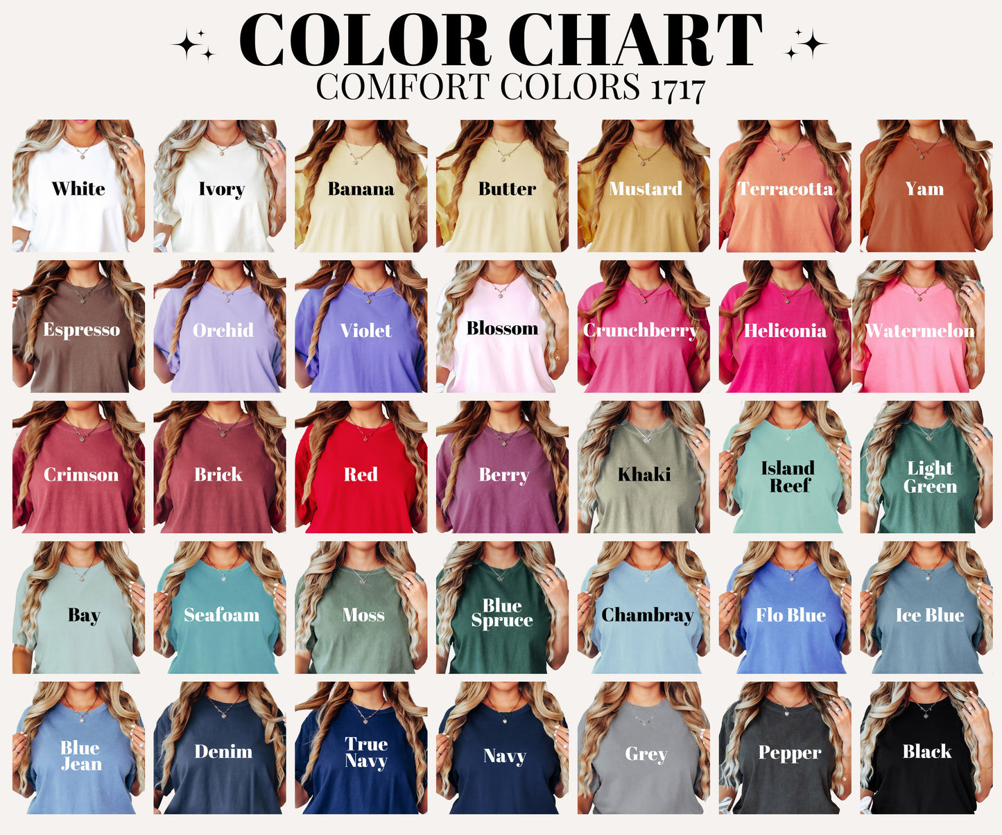 Color chart for Comfort Colors 1717 with various shirt colors and names.