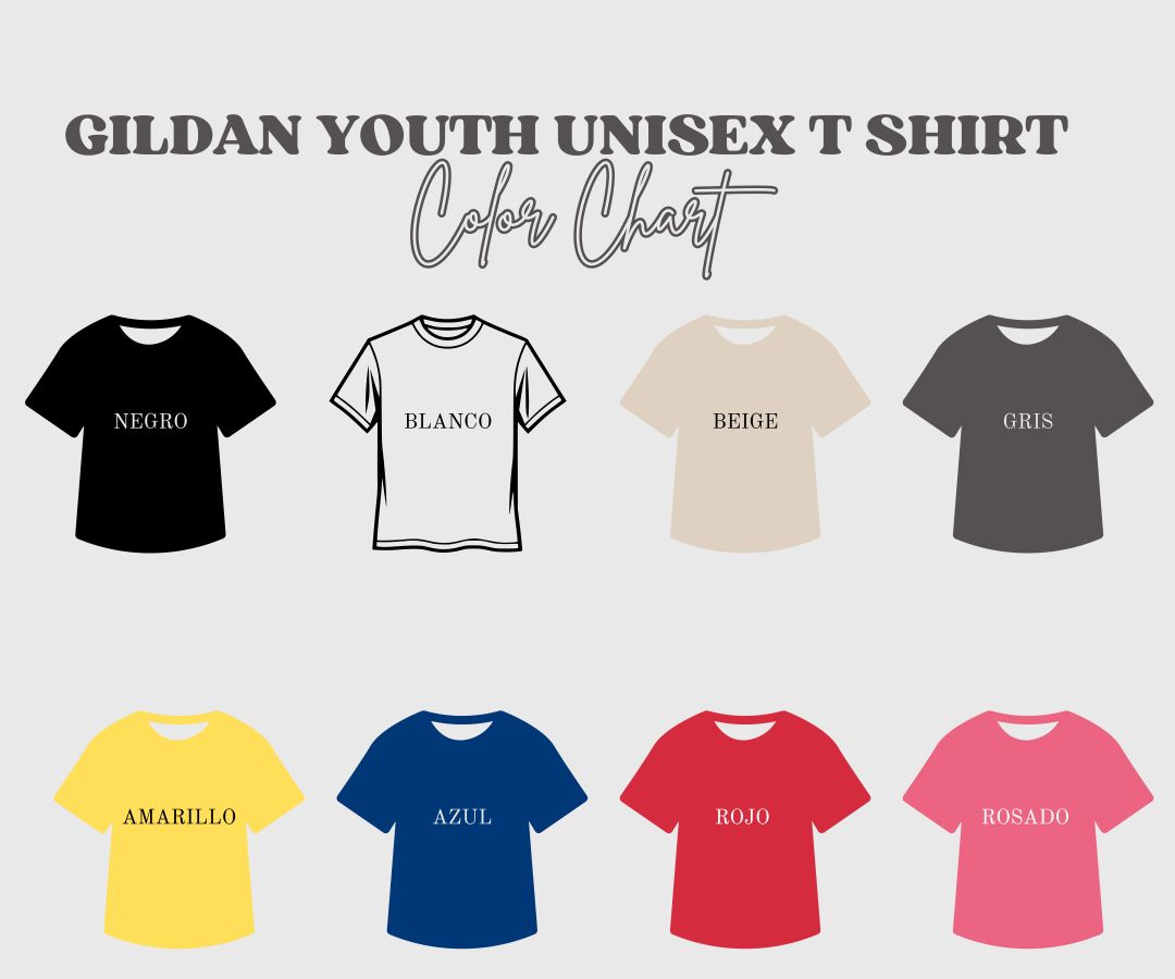 Gildan Youth Unisex T-Shirt color chart with various colored shirts labeled.