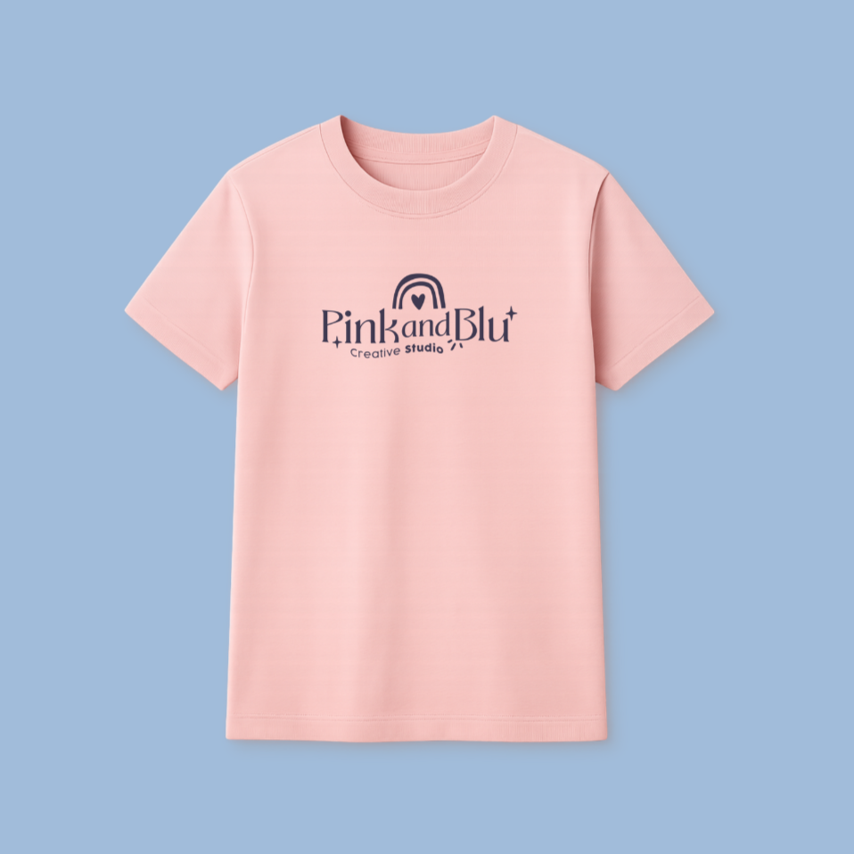Pink t-shirt with 'Pink and Blu' logo on a light blue background